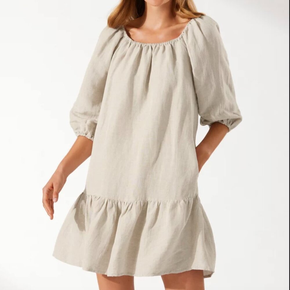 Tommy Bahama Dress Size S Tan St. Lucia Linen Blend Off-the-Shoulder‎ Tiered